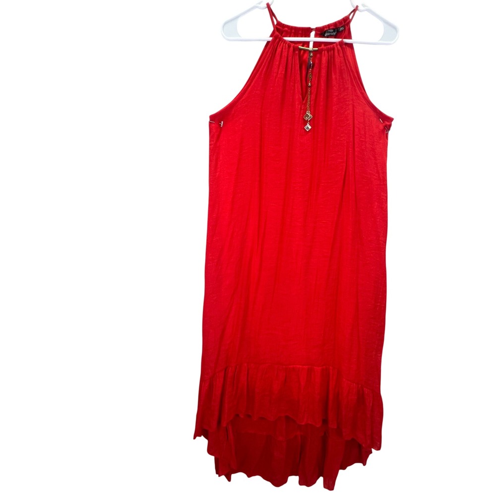 Bohemian Summer Red Halter High-Low Ruffle Hem Dress Small Keyhole Charm Flowy